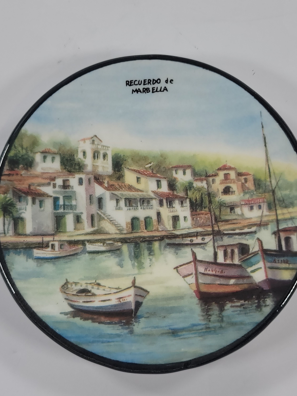 Recuerdo de Marbella Coastal Port Scenery Porcelain Trinket Dish